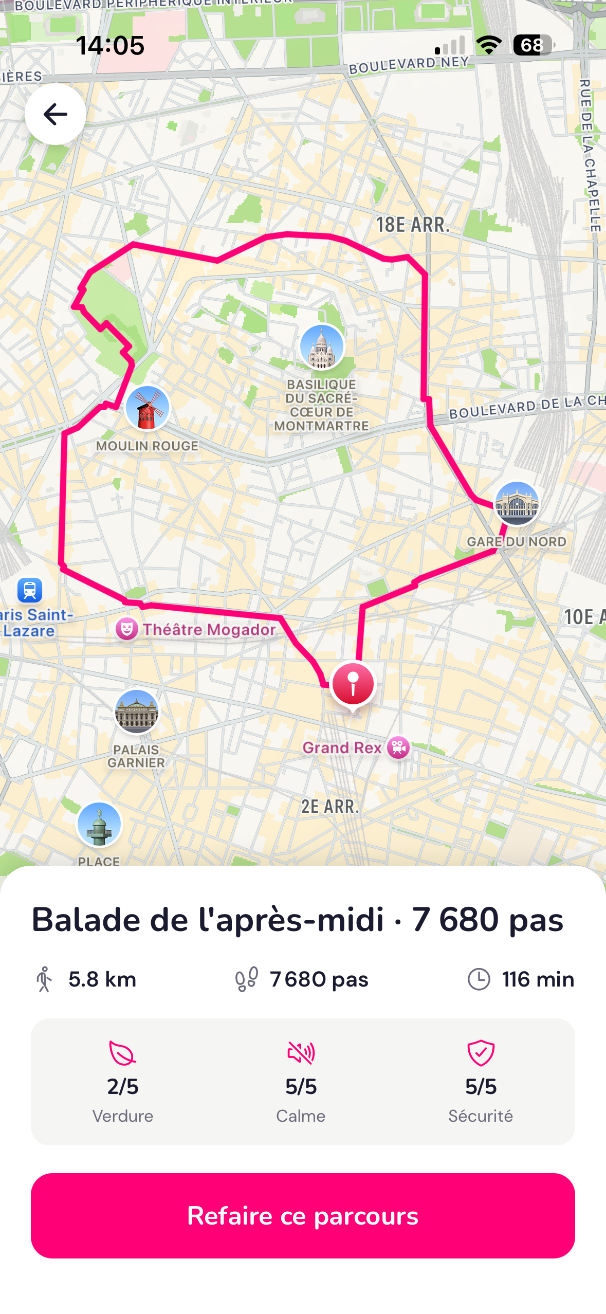 Modal Tenkka : carte d'un parcours tranquille de 5,5 km, 7 881 pas, 66 min, avec scores verdure / calme / sécurité