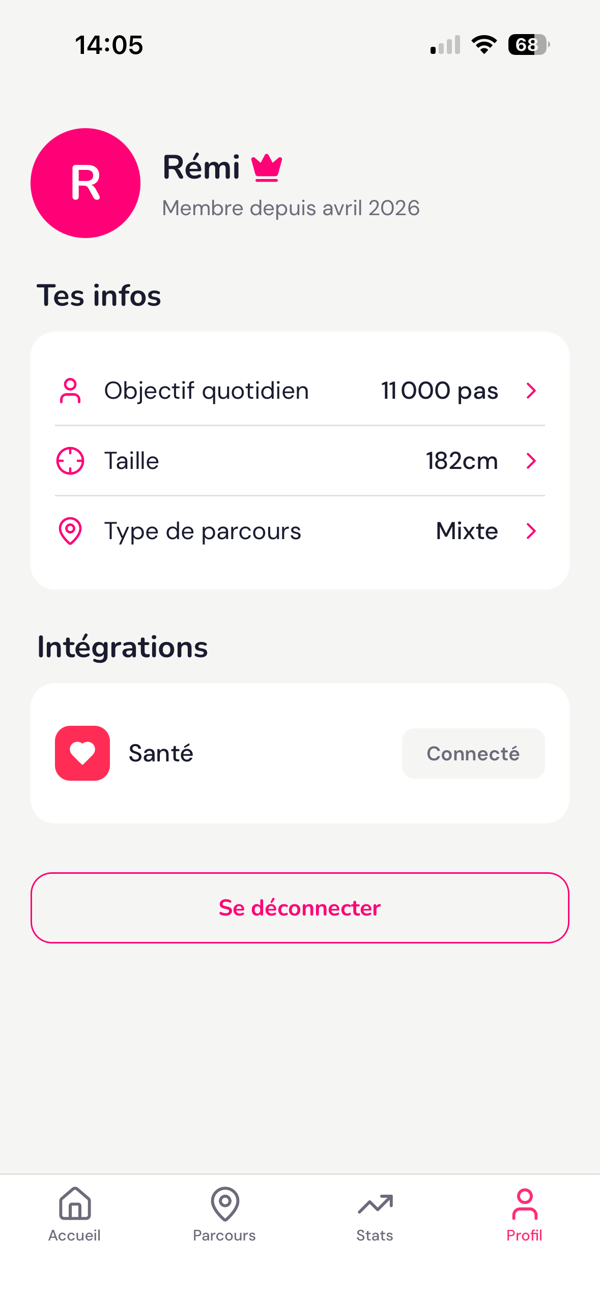 Écran Profil de Tenkka : réglages et intégrations santé