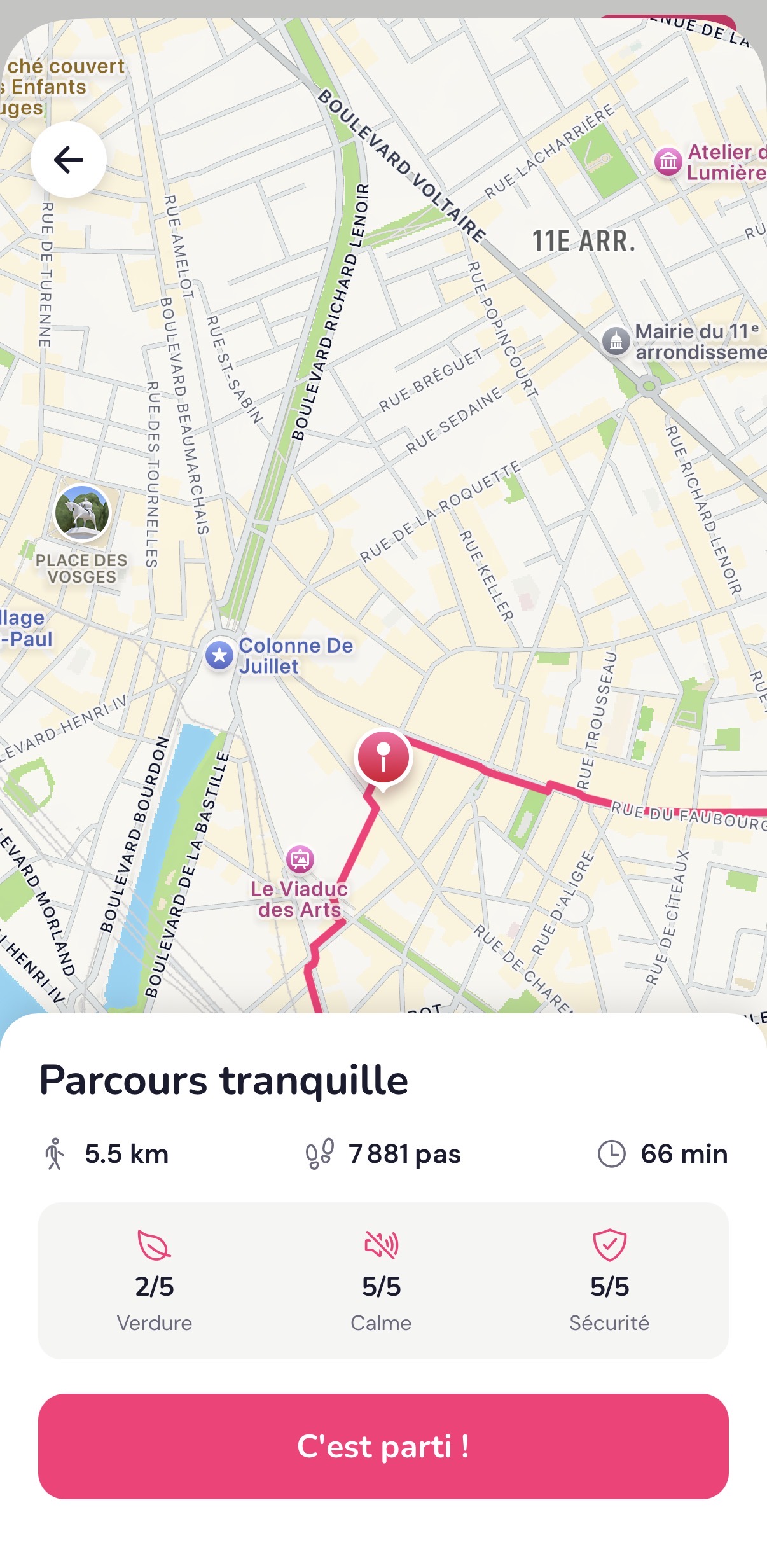 Modal Tenkka : carte d'un parcours tranquille de 5,5 km, 7 881 pas, 66 min, avec scores verdure / calme / sécurité